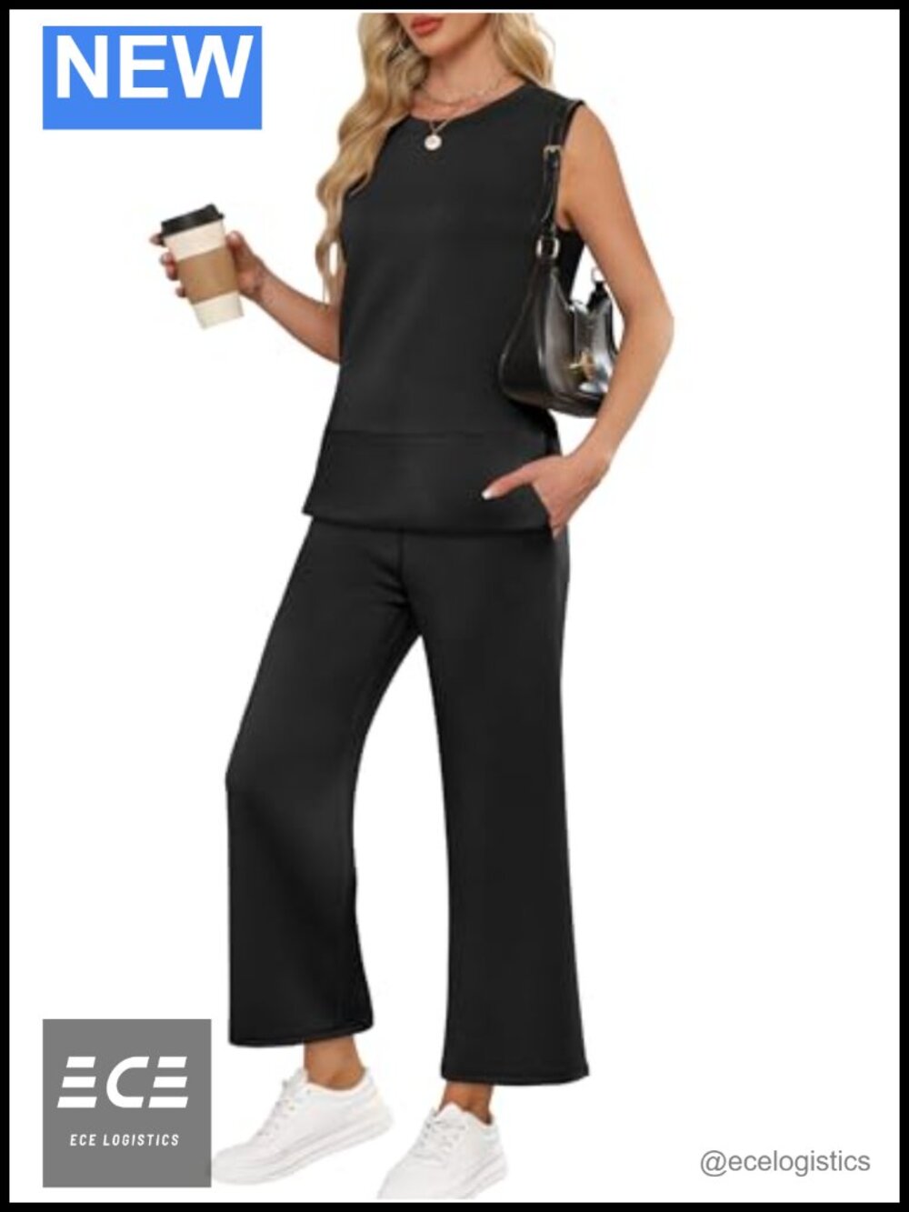 2 Piece Travel Outfit Set Tank Top Wide Leg Pants Sleeveless